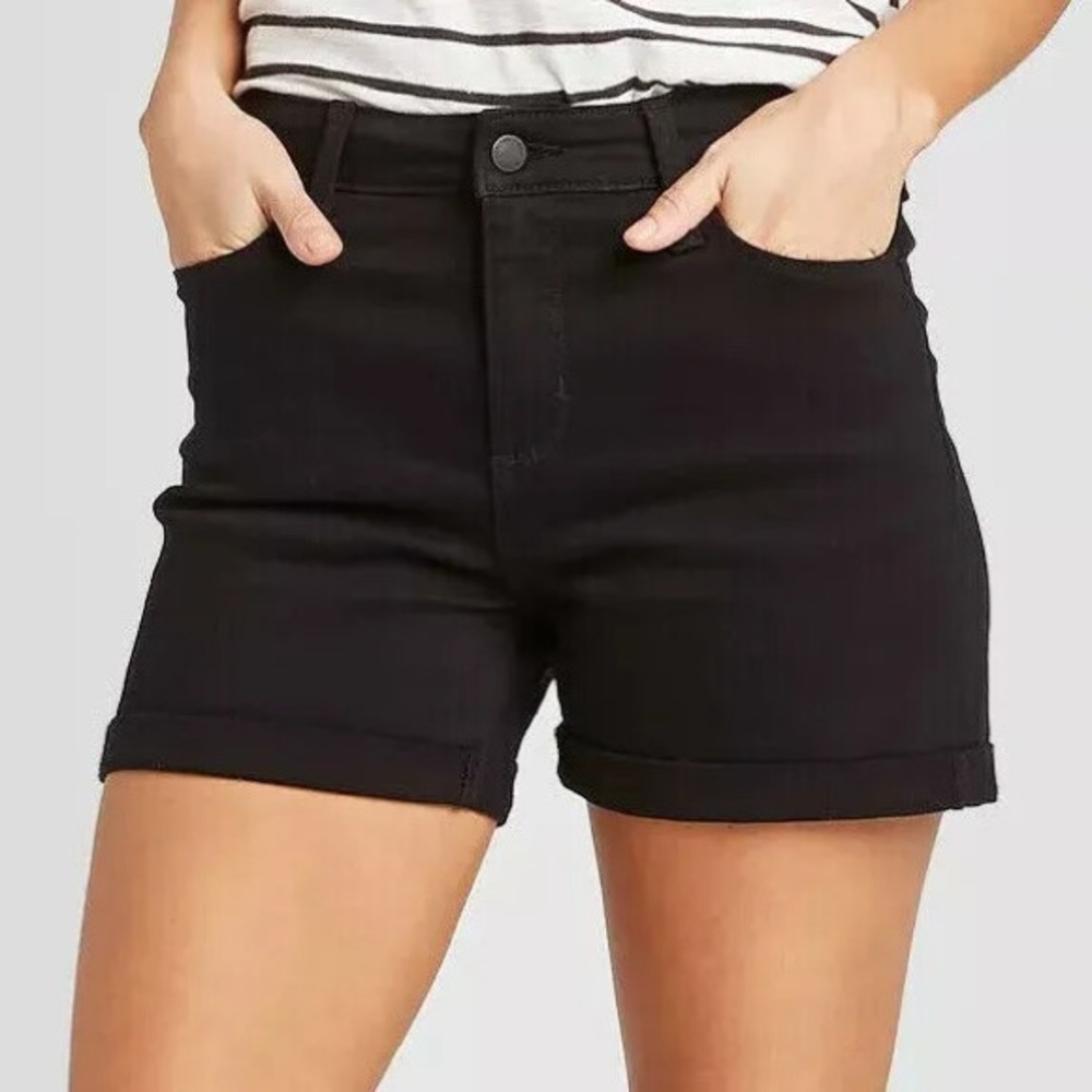 High Rise Black Denim Midi Shorts size 14